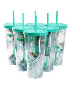 Gibson Home Tropical Sway Vineyard 6 Piece 24 Ounce Double Wall Plastic Tumbler Set with Lid &amp; Straw in Teal