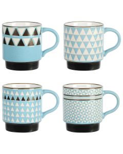 Mr. Coffee Primevalley 4 Piece 14 Ounce Stackable Assorted Wax Relief Triangle Design Mug Set
